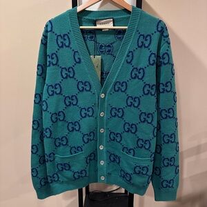 Gucci Green GG Monogram Double Breasted Cardigan Sweater